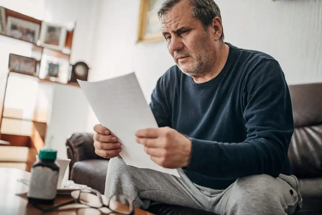 Middle-aged man sitting on a sofa, looking concerned while reading a sheet of paper. A bottle, papers, and eyeglasses are on the table in front of him. The setting appears to be a living room.