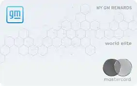 A white GM Rewards Mastercard credit card featuring the GM logo, a hexagon pattern, and the words My GM Rewards, world elite, and the Mastercard logo.