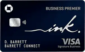 A dark blue Chase Ink Business Premier Visa Signature Business credit card, featuring a chip, contactless symbol, and cardholder name D. Barrett with Barrett Connect below.