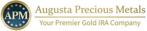 Augusta Precious Metals logo with a navy blue circle containing APM and gold stars, next to gold text reading Augusta Precious Metals and Your Premier Gold IRA Company underneath.