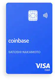 A blue Coinbase Visa debit card displays a chip, contactless payment symbol, the name Satoshi Nakamoto, and the Visa logo in white.