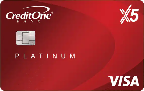 A red Credit One Bank platinum VISA card with an embedded chip, X5 in the top right corner, and the VISA logo in white at the bottom right.