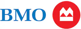 BMO logo with blue letters BMO next to a red circle containing a white stylized bank building.