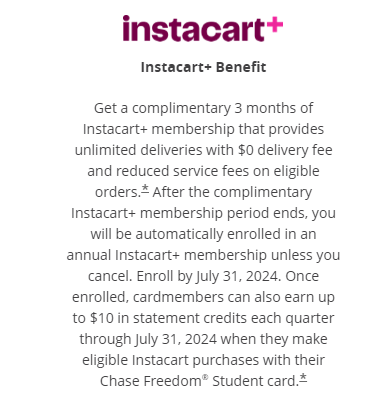 Chase Freedom Student Instacart Benefit Text