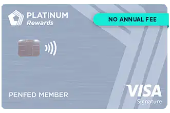Light blue PENFED Platinum Rewards Visa Signature credit card with chip, contactless symbol, and NO ANNUAL FEE in a turquoise banner at the top right. PENFED MEMBER is written at the bottom left.