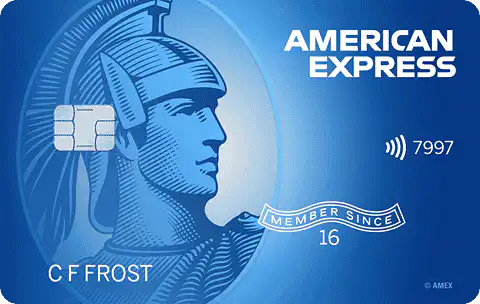 American Express credit card featuring a blue centurion helmet profile, a chip, contactless symbol, card number ending in 7997, “C F Frost,” and “Member Since 16.”.