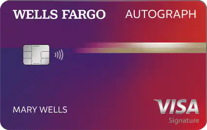 A Wells Fargo Autograph Visa Signature credit card with a purple and red gradient design, featuring a chip, contactless symbol, and the name Mary Wells printed on the front.