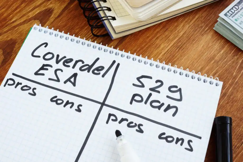 A notebook with a handwritten chart comparing Coverdell ESA pros and cons to 529 plan pros and cons, placed on a wooden desk with papers, a pen, and money visible nearby.