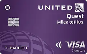 A purple United Quest MileagePlus Visa Signature credit card with a chip, contactless symbol, United Airlines globe logo, and the name D. Barrett displayed.