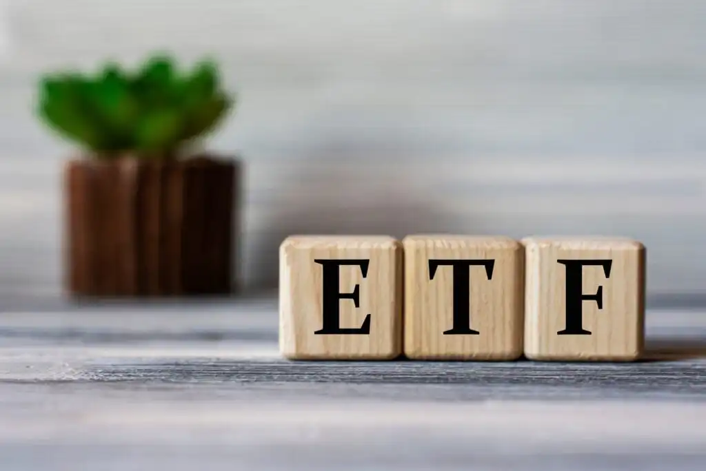 Three wooden blocks with the letters E, T, and F arranged side by side; a blurred green potted plant is in the background on a light wooden surface.