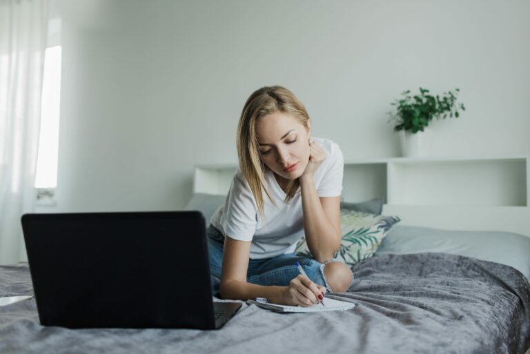 Girl Bed Studying Writing Reading