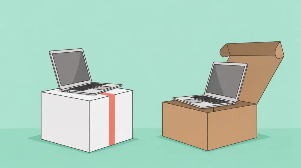 Two identical slate-gray laptops side by side, one in a sealed new box and one in an opened box, showing certified refurbished electronics are the same gear for less.