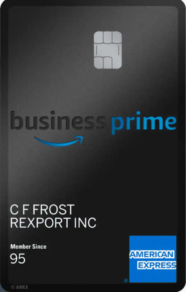 A black American Express credit card features the Amazon Business Prime logo, a card chip at the top, and the name C F Frost REXPORT INC with Member Since 95 printed near the bottom.