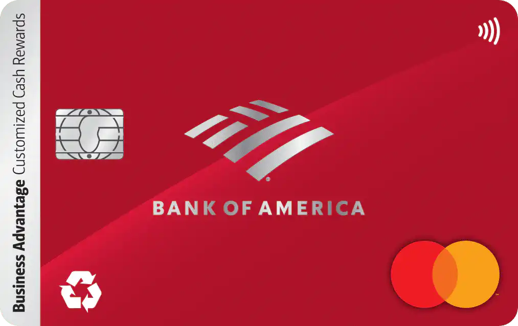 A red Bank of America credit card displaying the logo, chip, contactless symbol, Mastercard logo, and Business Advantage Customized Cash Rewards on the left edge.