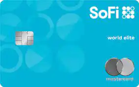 A blue SoFi credit card with a chip, the words world elite, and the Mastercard logo on the lower right corner.