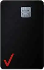 A black credit card with a silver chip at the top and a red Verizon checkmark logo in the bottom left corner.