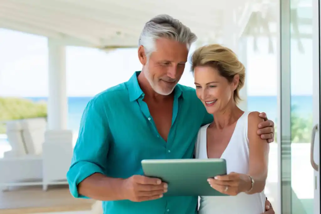 A smiling older couple stands together on a bright patio near the ocean, looking at a tablet. The man wears a teal shirt, and the woman is in a white dress. They appear happy and engaged with the device.