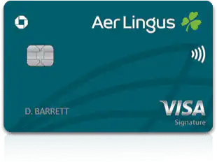 A teal Aer Lingus Visa Signature credit card featuring a chip, contactless symbol, a shamrock logo, and the name “D. BARRETT.” The Aer Lingus and Visa logos are displayed prominently.