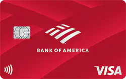 A red Bank of America credit card with a chip, contactless symbol, the Bank of America logo in the center, and the Visa logo in the bottom right corner.