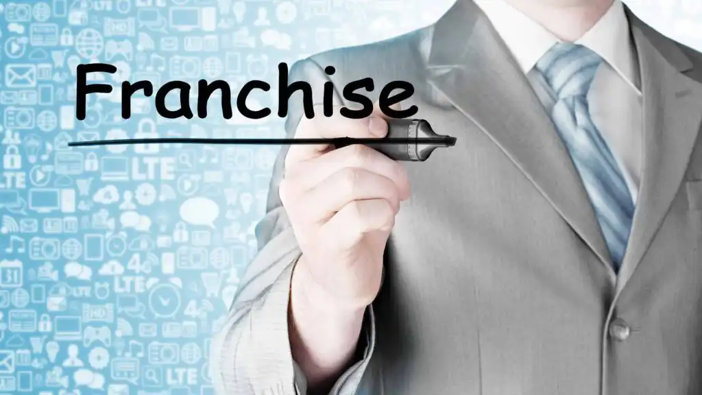 A person in a gray suit writes the word Franchise in black marker on a transparent screen, with blue digital icons in the background.