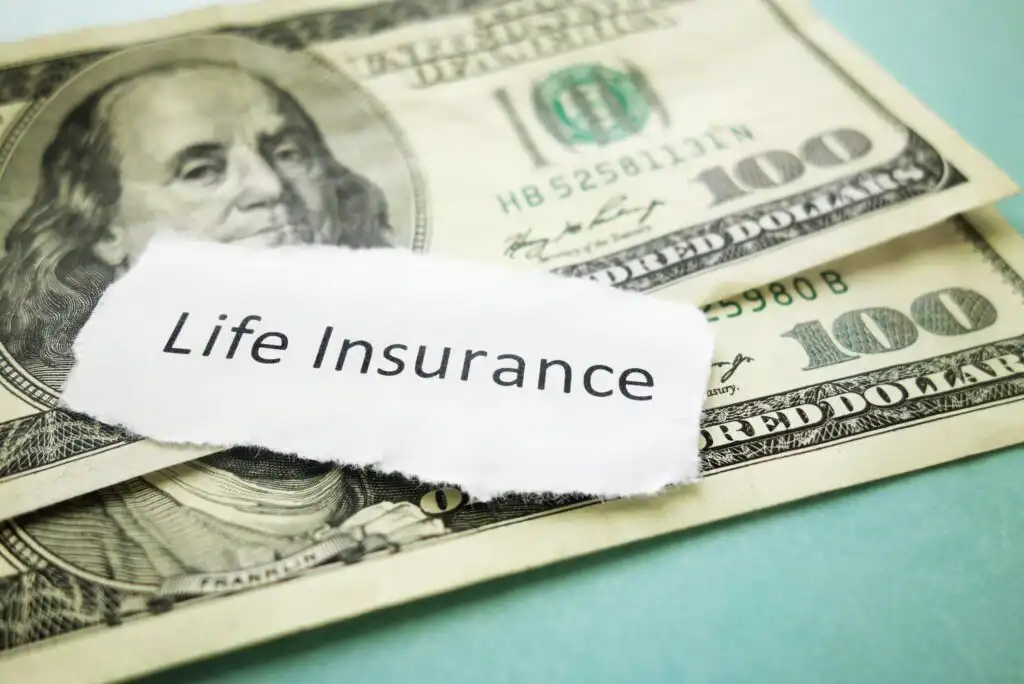 A torn piece of paper with the words Life Insurance rests on top of two U.S. one hundred dollar bills.