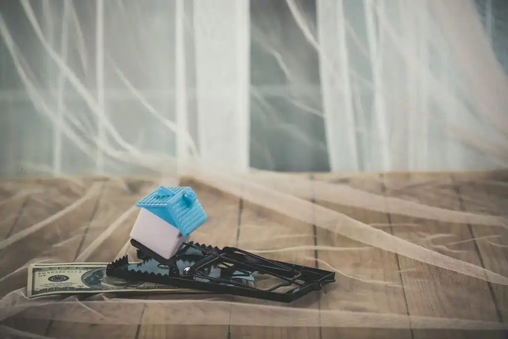 A small toy house and a dollar bill are placed on a mousetrap set on a wooden surface, with sheer white curtains in the background.