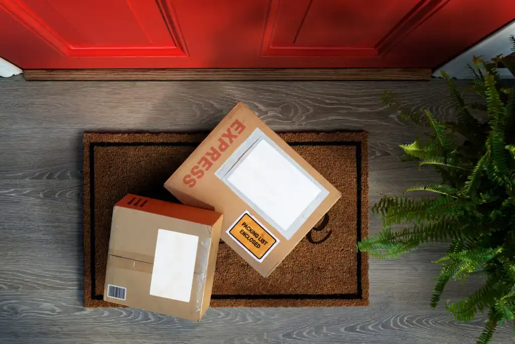 Two delivered packages, one labeled EXPRESS, sit on a brown doormat in front of a red door. A green fern plant is positioned to the right on the wooden floor.