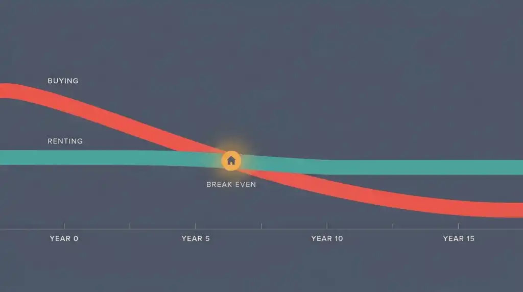 A coral buying-cost line starts high, falls, and crosses below a flat teal renting line at a house-marked break-even point.