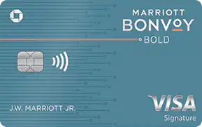 A Marriott Bonvoy Bold Visa Signature credit card with a blue background, chip, contactless symbol, and the names J.W. Marriott Jr. and Visa Signature displayed.