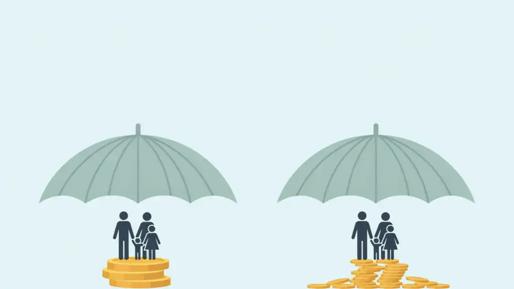Two matching umbrellas shelter small family silhouettes, one on a short stack of coins, the other on a tall coin column.