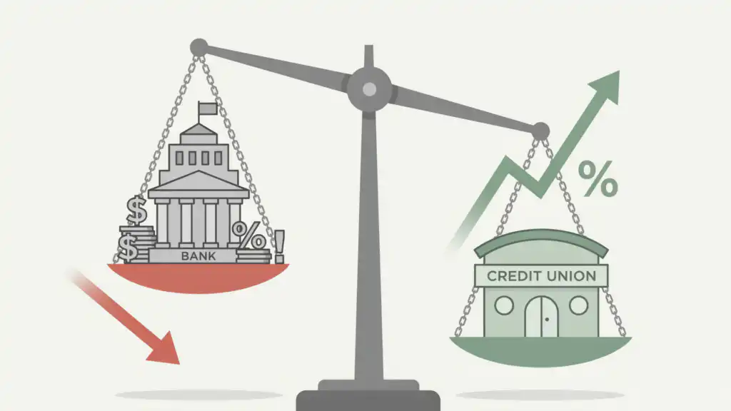 Illustration of a balance scale tipping in favor of a credit union that rises with an upward rate arrow, while a fee-laden bank tower sinks on the heavier side