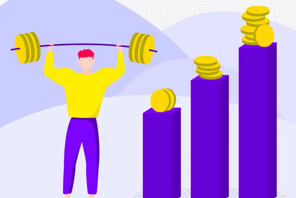 Illustration of a person lifting a barbell with gold weights next to three tall purple columns topped with stacked gold coins, symbolizing financial growth and strength.