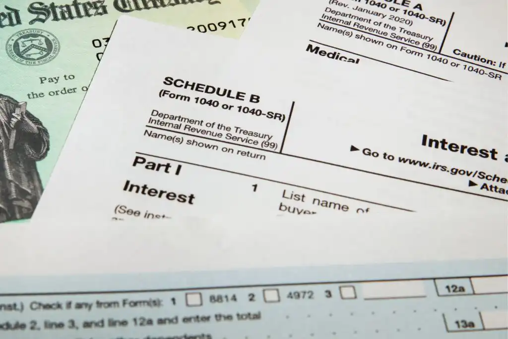 A close-up of U.S. tax documents, including a Schedule B form, a partial check, and a tax return form, highlighting text related to interest and income reporting.