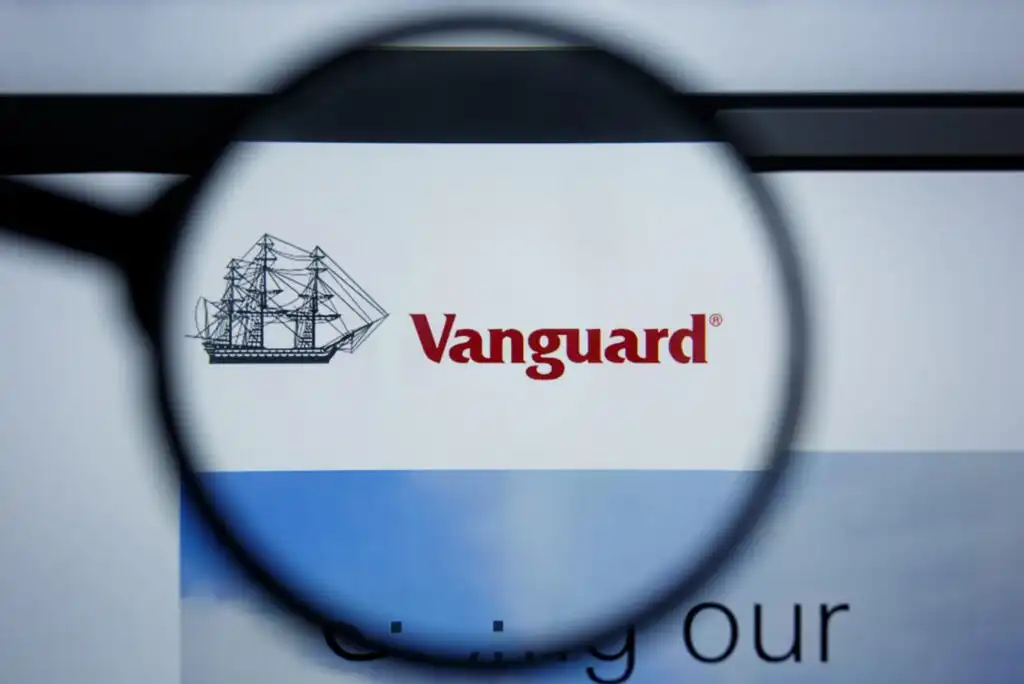 A magnifying glass focuses on the Vanguard logo, which includes an old-fashioned ship illustration and the word Vanguard in red text on a white background.