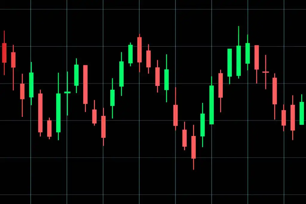A candlestick chart with red and green bars shows fluctuating financial data on a black background with a grid. The chart displays a mix of rising and falling trends.