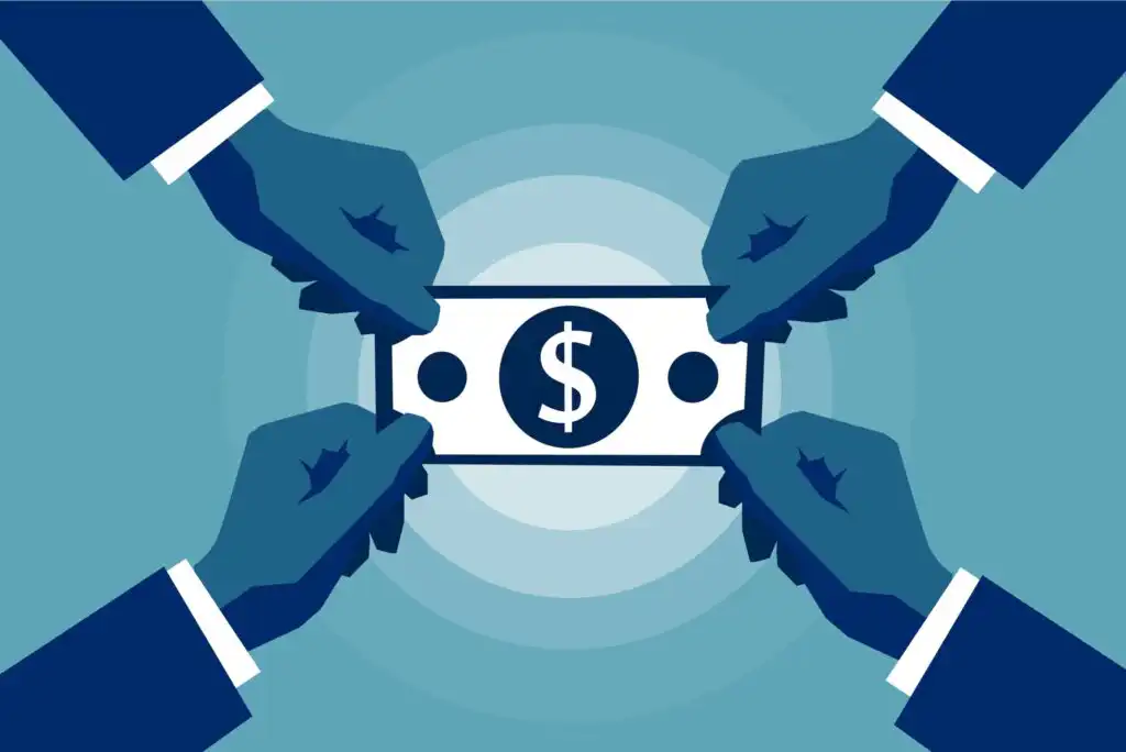 Illustration of four blue hands, each from a different direction, pulling on a large dollar bill with a dollar sign at the center, symbolizing competition or conflict over money. The background has blue concentric circles.