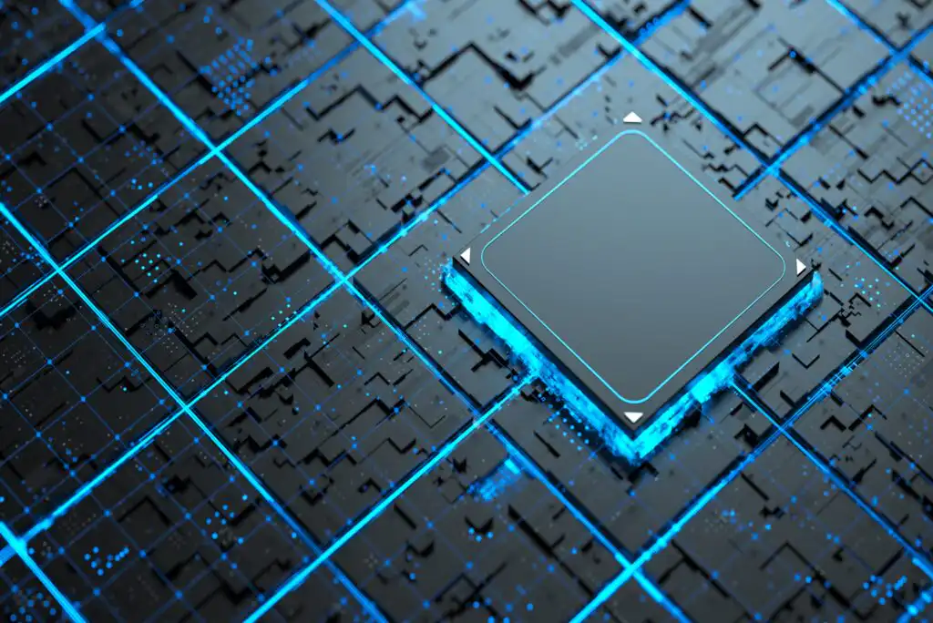 A close-up of a central computer chip on a dark, futuristic circuit board with glowing blue lines and geometric patterns, symbolizing advanced technology and digital connections.