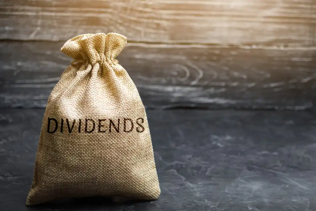 A burlap sack labeled DIVIDENDS sits on a dark, textured surface with a wooden background, symbolizing financial earnings or profit distributions.