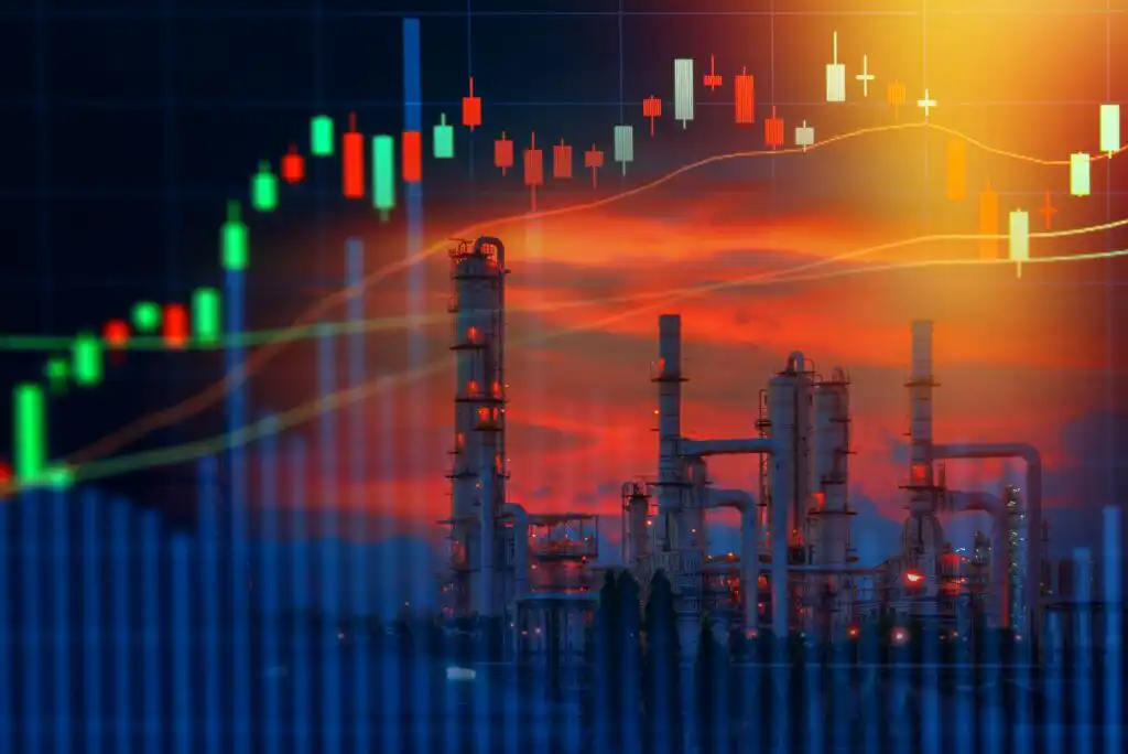 Financial chart graphics overlay a photo of an industrial oil refinery at sunset, representing the connection between energy production and market trends.