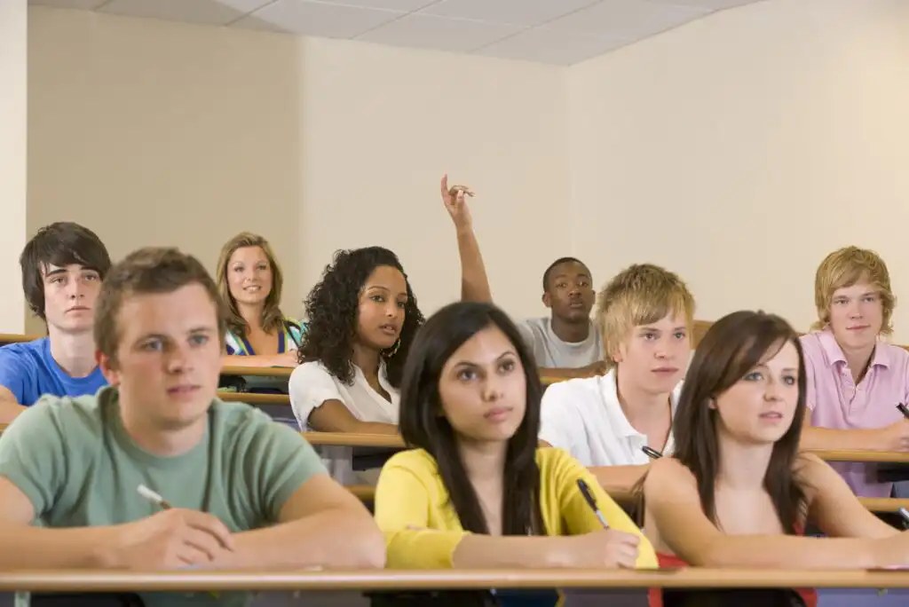 A diverse group of students sit in a lecture hall, attentively listening. One student in the middle raises his hand to ask a question, while others take notes or look toward the front.