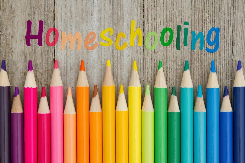A row of colorful pencils arranged in a gradient lies below the word “Homeschooling,” written in rainbow colors on a wooden background.