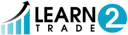 Logo for Learn 2 Trade featuring an upward-sloping graph with an arrow on the left and a large blue circle with the number 2 inside on the right. The words LEARN and TRADE are in bold black text.