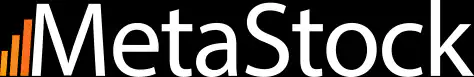 MetaStock logo with the word MetaStock in white letters on a black background. To the left, there are four orange ascending bar chart lines.