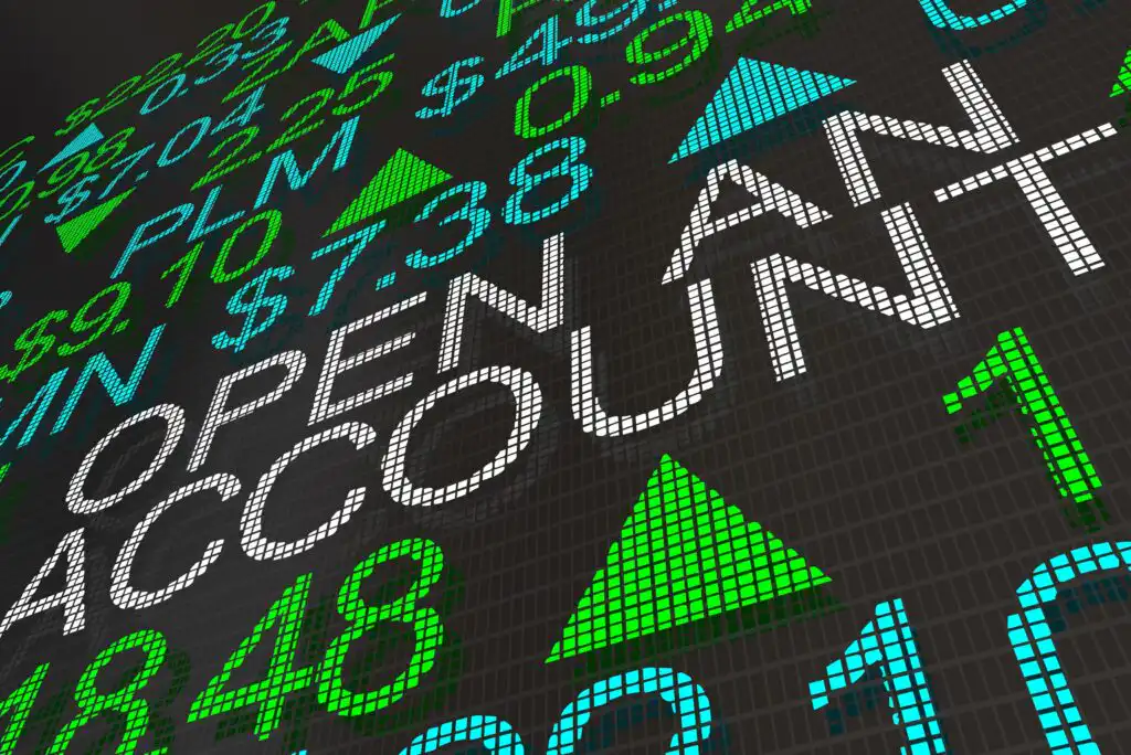 Digital stock market display with the words OPEN AN ACCOUNT in large white letters among green and blue numbers and upward-pointing green arrows, suggesting positive financial growth.