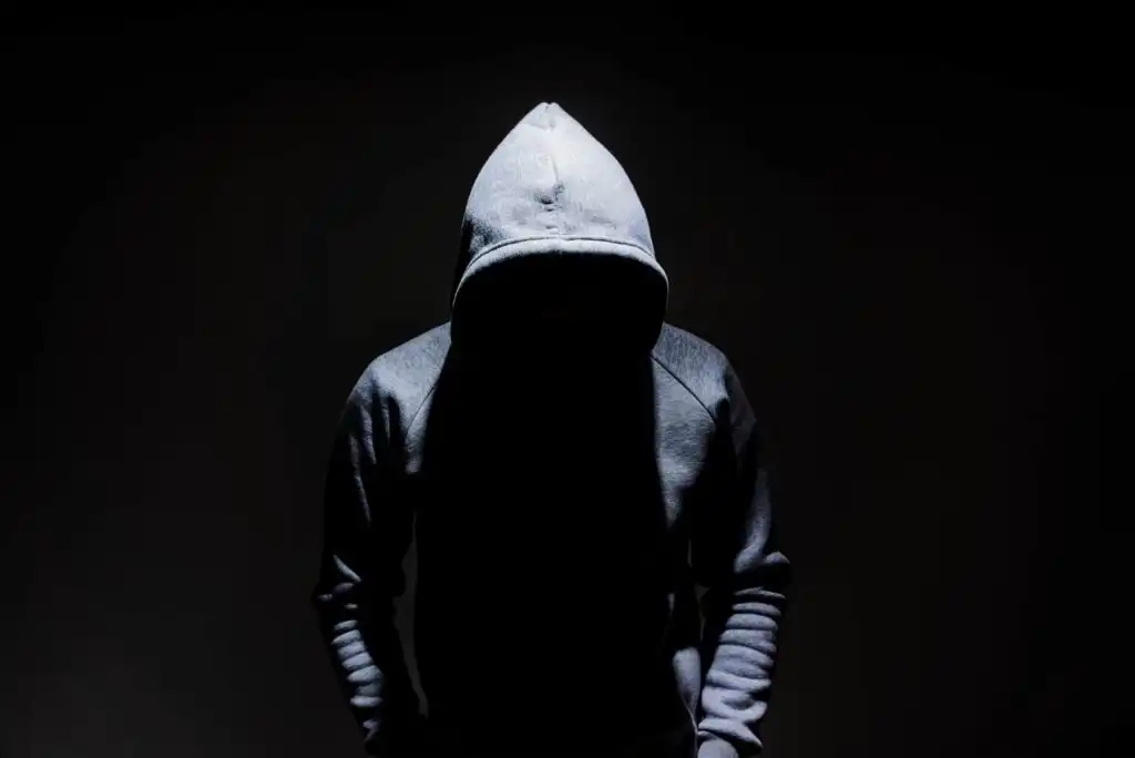 A person wearing a gray hooded sweatshirt stands in darkness, with their face obscured by shadows, creating a mysterious and anonymous appearance.