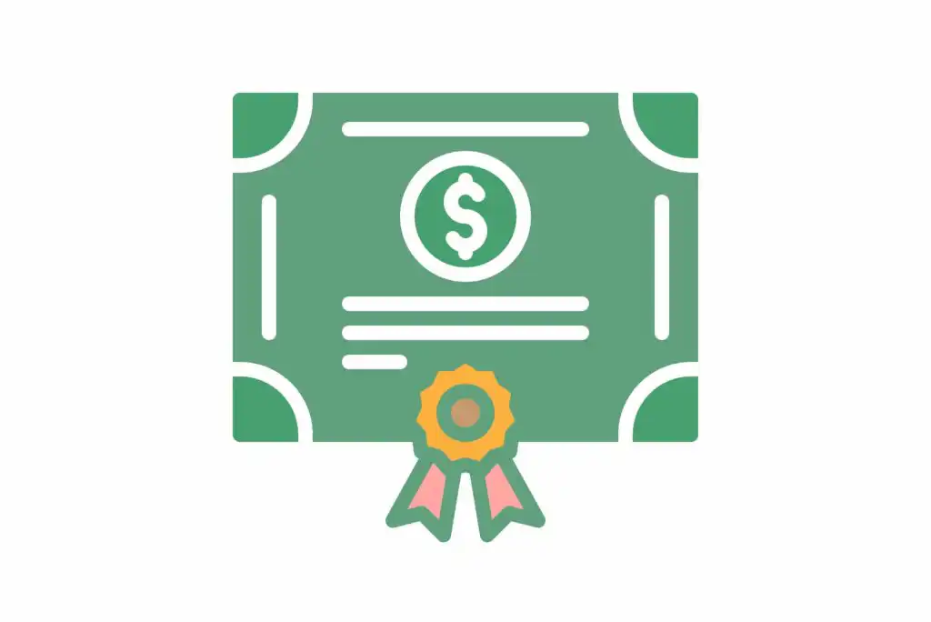 Illustration of a green certificate with a dollar sign in the center and a gold seal with ribbons at the bottom, symbolizing a financial award or achievement.