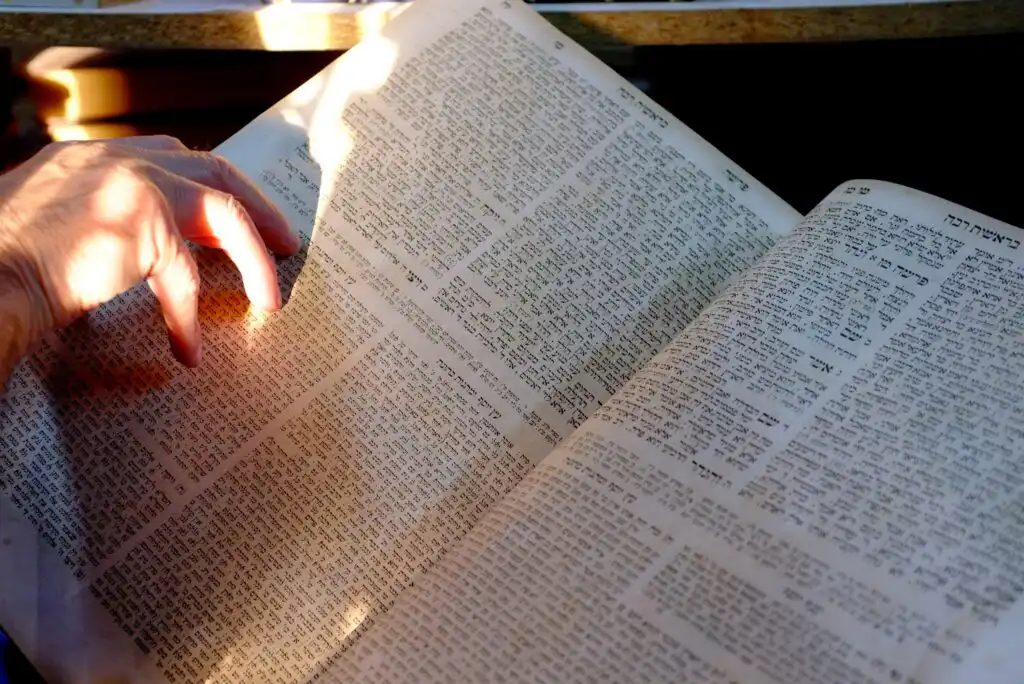 A hand points to a page filled with dense Hebrew text, illuminated by sunlight. The book appears to be a religious or scholarly Jewish text, possibly the Talmud, with narrow columns and small, closely spaced letters.