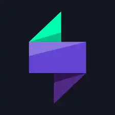 A stylized geometric logo featuring a teal triangle on top and a purple rectangle with a folded corner, all set against a dark background.