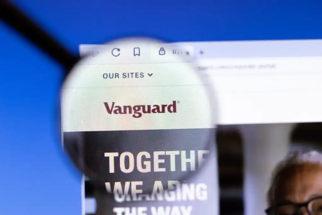 A magnifying glass focuses on the Vanguard website, highlighting the company logo and the words “TOGETHER WE ARE…” on the web page.
