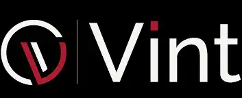 The image shows the Vint logo with a stylized V inside a partial circle to the left, followed by the word Vint in white letters on a black background. The dot over the i in Vint is red.